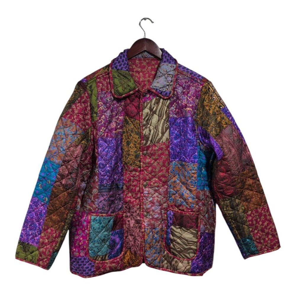 Coldwater Creek Colorful Reversible Quilted Patchwork Silk Blend Jacket Sz M NWT